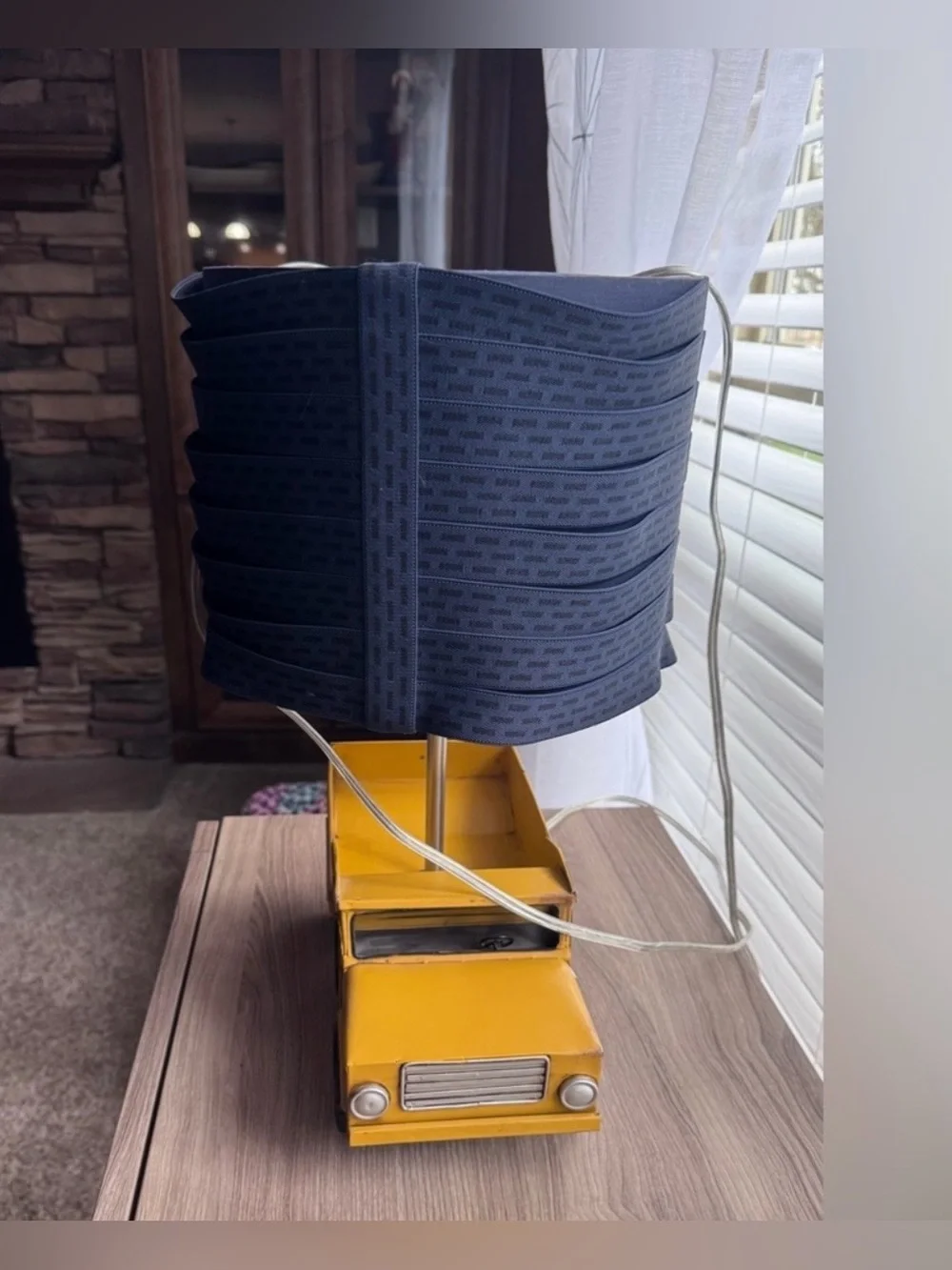 Pottery Barn Kids Yellow Dump Truck Lamp with Navy Blue Shade